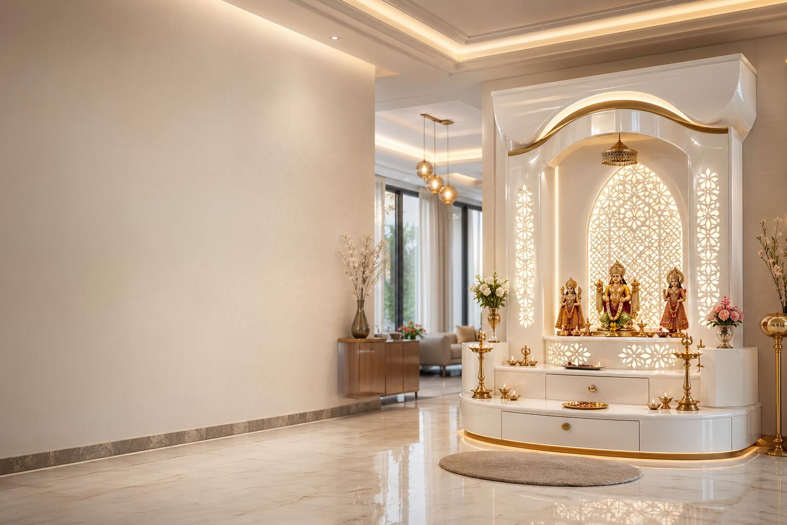 Luxurious modern Corian temple in an elegant Indian home interior